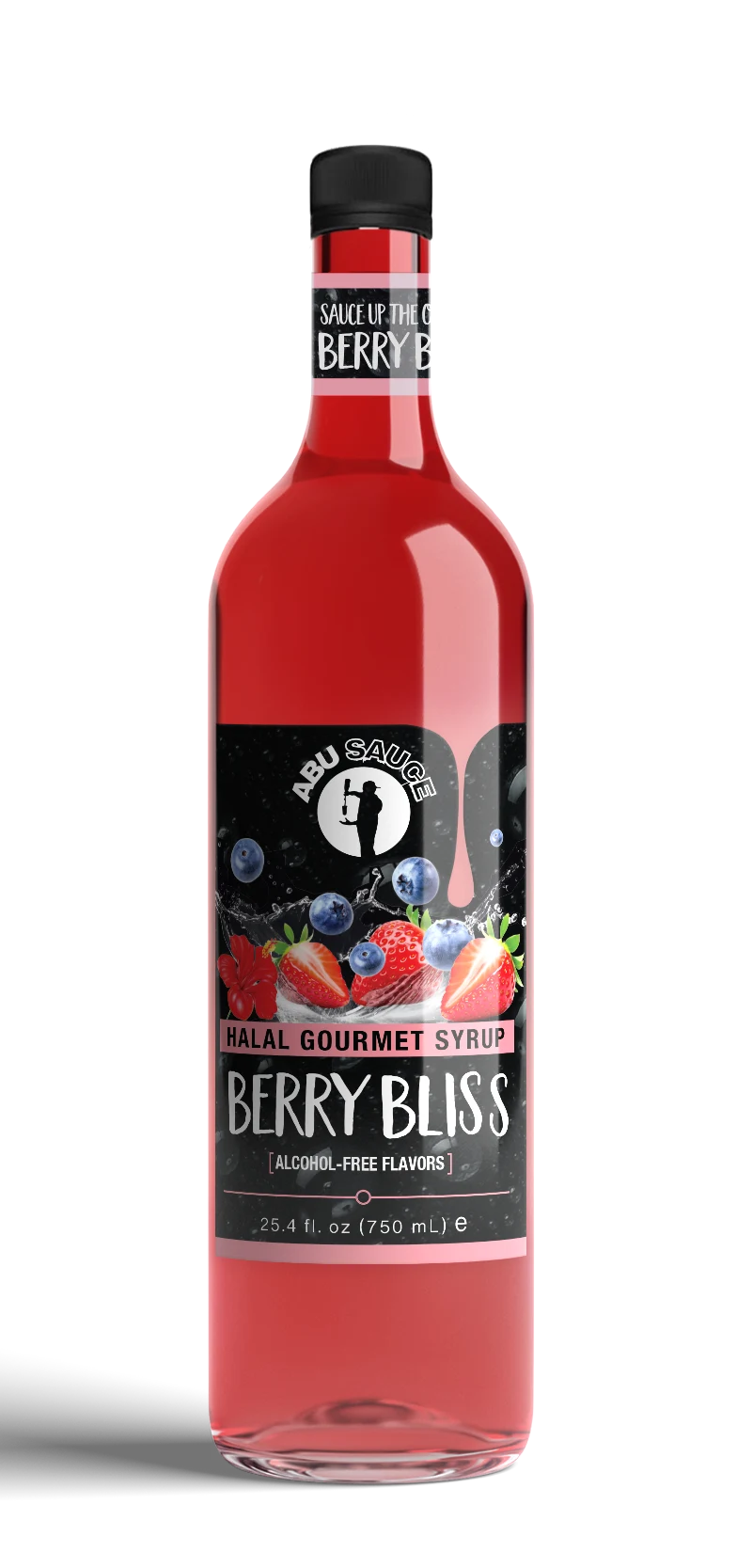 Bottle of Berry Bliss syrup with a black label on a white background