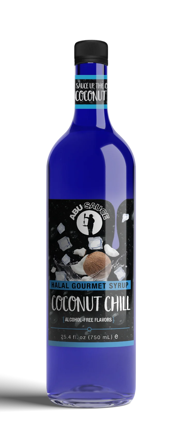 Bottle of coconut chill syrup with a blue label on a white background