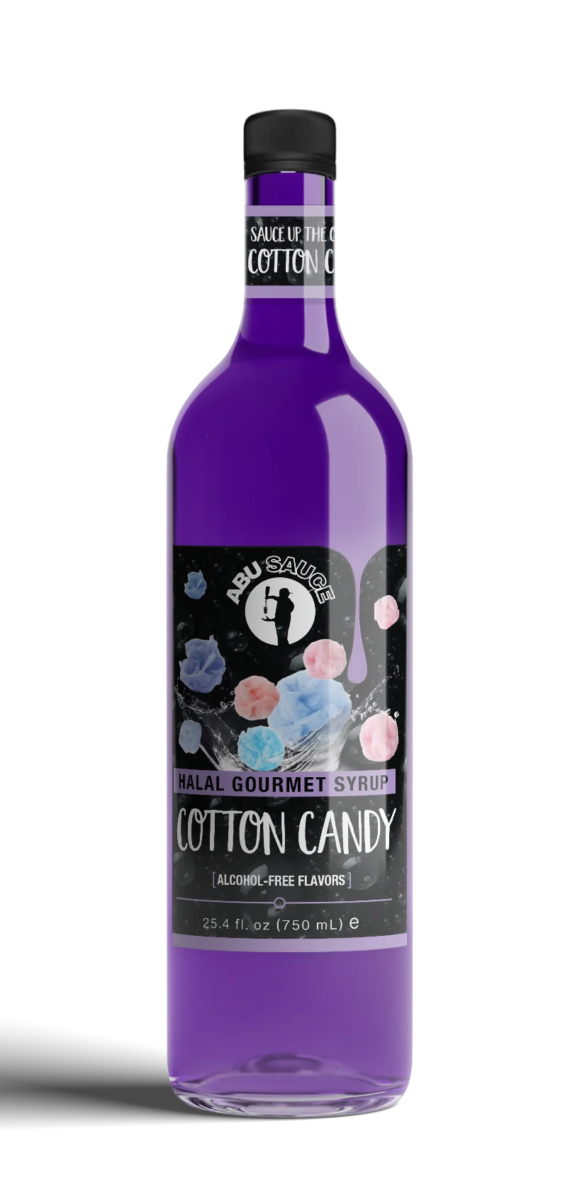 Purple bottle of Cotton Candy syrup with a black label on a white background
