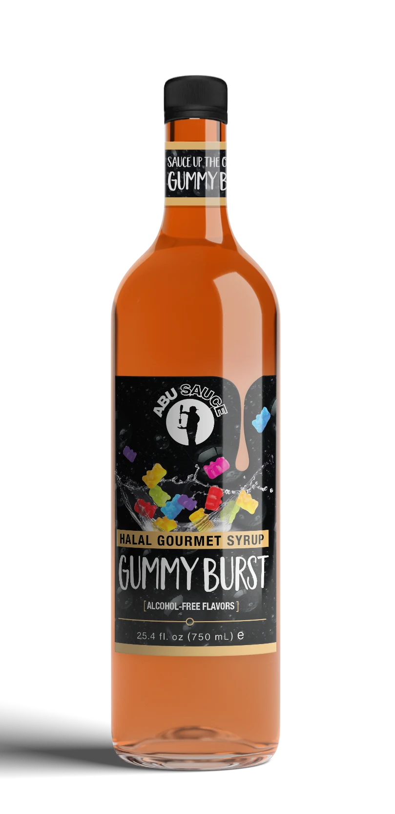 Bottle of All Day Gummy Burst syrup with a colorful label on a white background
